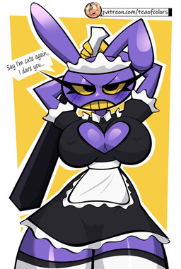 absolute_territory anthro big_breasts blush blush_lines breasts cleavage cleavage_cutout clothed clothed_anthro clothed_female clothing crossgender cutout female female_anthro hands_behind_head heart_cutout holding_bat legs_together legwear maid_headdress maid_uniform mtf_crossgender nipple_outline purple_body solo text thick_thighs thigh_highs uniform yellow_sclera teaofcolors glitch_productions the_amazing_digital_circus jax_(tadc) lagomorph leporid mammal rabbit 2025 absurd_res digital_media_(artwork) english_text hi_res portrait three-quarter_portrait url