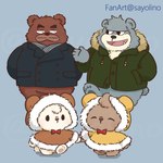 anthro brown_body clothing cute_fangs dot_eyes eyes_closed fangs grey_body group male scar simple_background sweater teeth topwear walking sayolino kumalino sanrio brew_(kumalino) drip_(kumalino) roast_(kumalino) syrup_(kumalino) bear mammal 1:1 2024