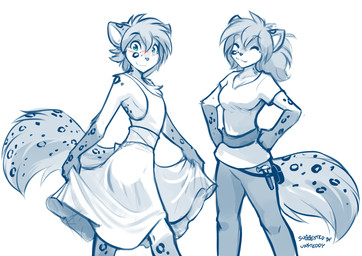 anthro biped blush bottomwear breasts butt clothed clothed_anthro clothed_female clothed_male clothing crossdressing crossdressing_male crossgender dress duo eyes_closed female fingers fully_clothed fully_clothed_anthro fully_clothed_female fully_clothed_male fur green_eyes hair hands_on_hips male markings mtf_crossgender simple_background smile spots spotted_body spotted_fur spotted_markings spotted_tail square_crossover tail tail_markings topwear white_background conditional_dnp tom_fischbach twokinds kathrin_vaughan canid canine felid hybrid keidran mammal pantherine 2025 digital_drawing_(artwork) digital_media_(artwork) hi_res monochrome sketch spot_color