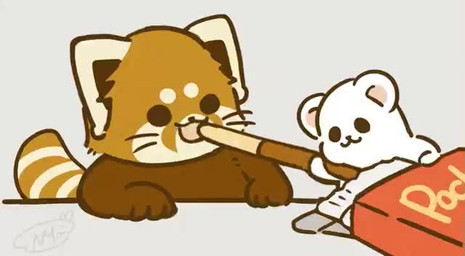 biped brown_body brown_fur chibi dot_eyes duo eating feral food fur simple_eyes white_body white_fur shi_nominmin pocky ailurid mammal mustelid musteline red_panda stoat true_musteline weasel 2020 animated no_sound short_playtime video