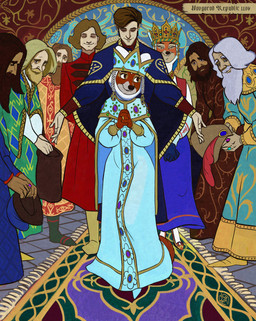 4_fingers alternate_costume anthro beard beards biped black_nose blue_clothing blue_dress brown_hair carpet clasped_hands cloak clothed clothed_anthro clothed_female clothed_human clothed_male clothing countershade_face countershade_fur countershading court detailed_background dress eyebrows eyelashes eyes_closed facial_hair female female_anthro fingers folk_clothes footwear fresco fully_clothed fully_clothed_anthro fully_clothed_female fully_clothed_human fully_clothed_male fur gesture group hair hat headdress headgear headwear inside introducing_another iris jewelry male male_human medieval_architecture medieval_clothing mosaic mural narrowed_eyes nobleman noblewoman novgorad_republic pupils regal regalia ring robe shoes slavic_vernacular_architecture smile snout standing text wall_(structure) sir_paulus disney robin_hood_(disney) fan_character lisabeth_(lord_paulus) maid_marian pavel_(sir_paulus) canid canine fox human mammal english_text hi_res