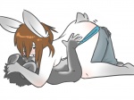 anthro arm_blush blue_bottomwear blue_clothing blush body_blush bottomwear butt clothed clothing duo eyes_closed female leg_blush male on_top panties panties_down pants partially_clothed reddened_butt simple_background topless underwear underwear_down white_background waitress_(artist) canid canine canis domestic_dog lagomorph leporid mammal rabbit 4:3 digital_media_(artwork)