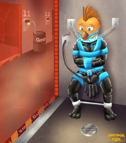 anthro bdsm bondage bound bulge chain chained laboratory latex male overstimulation restrained restraints solo spreader_bar teasing torture drakethefox avian bird hi_res