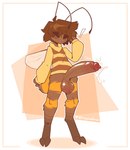 antennae_(anatomy) anthro balls big_balls big_penis bodily_fluids bottomless brown_hair clothed clothing cum femboy freckles front_view genital_fluids genitals hair hoodie hoodie_only huge_penis insect_wings long_penis male penis solo standing striped_body stripes topwear topwear_only wings tinysmallman mazus_(tinysmallman) arthropod bee hymenopteran insect absurd_res hi_res