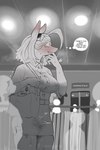 anthro biped bodily_fluids clothing collared_shirt dress_shirt emanata female genital_fluids hair navel_outline shirt solo text thought_bubble topwear vaginal_fluids wet wet_clothing wet_shirt wet_topwear sincastermon my_hero_academia ippan_josei canid canine fox mammal english_text hi_res monochrome signature