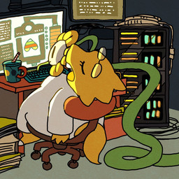 ambiguous_gender anthro barefoot book breasts buckteeth chair claws clothed clothing container cup desk detailed_background duo electronics eyes_closed eyewear eyewear_on_head feet female flower fully_clothed furniture glasses glasses_on_head heart_symbol keyboard leaning leaning_backward looking_at_computer looking_at_object monitor non-mammal_breasts office_chair open_mouth plant rear_view rectangular_glasses scales server sitting sleeping table tail teeth thick_tail three-quarter_view wire yellow_body yellow_scales crescendeon undertale undertale_(series) alphys flowey_the_flower undyne elemental_creature flora_fauna flower_creature lizard reptile scalie 1:1 hi_res