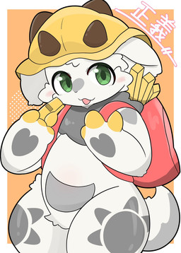 ambiguous_gender backpack blush blush_lines brown_horn chibi clothing front_view green_eyes grey_body grey_markings hat headgear headwear holding_backpack holding_object horn kemono looking_at_viewer markings open_mouth sun_(marking) three-quarter_view whistle_(object) white_body yellow_markings mujimuji1010 hybrid 2025 hi_res portrait three-quarter_portrait