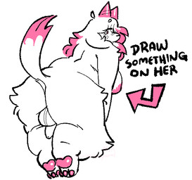 anthro areola arm_tuft backsack balls biped breasts butt dipstick_tail directional_arrow flaccid foreskin fur genitals gynomorph hair highlights_(coloring) horn intersex knee_tuft leg_tuft looking_at_viewer markings pawpads penis pink_areola pink_highlights pink_horn pink_pawpads pink_paws pink_tail_tip presenting presenting_hindquarters raised_tail shoulder_tuft simple_background solo tail tail_markings text thigh_tuft tuft unretracted_foreskin white_background white_body white_fur white_hair pinkshinyhorns nier_(pinkshinyhorns) bovid canid canine canis caprine domestic_dog goat hybrid mammal english_text