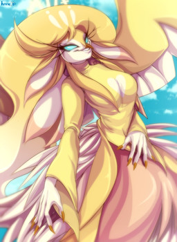 anthro beak blonde_hair blue_eyes clothed clothing cloud colored_nails dress eyelashes feathered_wings feathers female glowing glowing_eyes hair long_eyelashes long_hair nails side_view sky smile solo wings yellow_body yellow_wings ivywoof hazbin_hotel hellaverse speaker_of_god_(hazbin_hotel) angel avian bird deity absurd_res hi_res