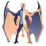 anthro blue_body claws male membrane_(anatomy) membranous_wings multicolored_body muscular muscular_anthro muscular_male orange_body solo spread_wings symmetry tail wings l4uhmo mythology dragon mythological_creature mythological_scalie scalie 1:1 hi_res