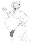 anthro belly belly_jiggle belly_overhang big_belly big_pecs bone bulge clothing detailed_bulge fangs flaccid genital_outline genitals hand_on_hip holding_skull jiggling long_tongue male male_pred motion_lines musclegut muscular muscular_anthro muscular_male neck_tuft nipples pecs penis penis_outline sabertooth_(anatomy) skull solo teeth thong tongue tuft underwear dpronin demon felid feline mammal digital_drawing_(artwork) digital_media_(artwork) hi_res monochrome