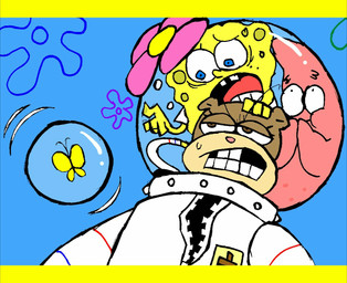 astronaut_suit blue_eyes brown_eyes female flower group male pink_flower plant trio isakiv nickelodeon spongebob_squarepants patrick_star sandy_cheeks spongebob_squarepants_(character) aquatic arthropod asterozoan butterfly echinoderm insect lepidopteran sea_sponge starfish