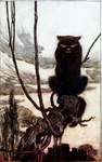 ambiguous_gender black_body black_fur castle cloud feral front_view fur looking_at_viewer outside pink_nose plant sitting sitting_on_branch sky solo tail teeth tree yellow_sclera arthur_rackham jorinda_and_joringel domestic_cat felid feline felis mammal 1909 20th_century absurd_res ancient_art full-length_portrait hi_res portrait traditional_media_(artwork) female_(lore)