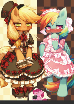alternative_fashion anthro black_clothing blue_body blue_fur blush blushing_profusely bodily_fluids bow_dress bow_hat bow_maid_headdress bow_shoes bows_everywhere camera checkered checkered_background clothed clothing dress duo_focus embarrassed female footwear frilly frown fully_clothed fur goth gothic_lolita green_eyes group hair hat headgear headwear j-fashion kemono lolita_(fashion) lolita_dress looking_at_viewer neck_bow open_mouth orange_body orange_fur pattern_background pink_body pink_clothing pink_eyes pink_fur shoes simple_background smile standing sweat sweet_lolita top_hat victorian_goth wings kishibe friendship_is_magic hasbro my_little_pony mythology applejack_(mlp) pinkie_pie_(mlp) rainbow_dash_(mlp) earth_pony equid equine horse mammal mythological_creature mythological_equine pegasus pony 2013