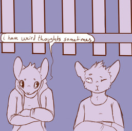 ambiguous_gender anthro clothed clothing dialogue duo eye_contact jacket looking_at_another lying on_back one_eye_closed predator/prey railway_track text topwear furrygarbage night_in_the_woods lori_meyers mae_borowski domestic_cat felid feline felis mammal mouse murid murine rodent english_text hi_res