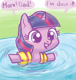 daww dialogue female feral fur hair horn inflatable inflatable_armbands multicolored_hair pool_float purple_body purple_fur purple_hair smile solo speech_bubble spread_arms swimming text two_tone_hair water young young_feral mcponyponypony friendship_is_magic hasbro my_little_pony mythology twilight_sparkle_(mlp) equid equine mammal mythological_creature mythological_equine unicorn 2014 english_text
