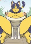 anthro big_breasts bodily_fluids breasts clothing female fur genitals looking_at_viewer nipples pussy solo sweat sweatdrop translucent translucent_clothing yellow_body yellow_fur conditional_dnp quin-nsfw animal_crossing nintendo ankha_(animal_crossing) domestic_cat felid feline felis mammal 2025 absurd_res hi_res