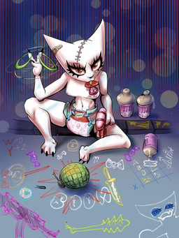 anthro band-aid band-aid_on_ear bandage claws clothed clothing diaper diaper_only female nipples object_in_mouth pacifier pacifier_in_mouth red_eyes scar sitting sitting_on_ground solo topless toy toy_grenade toy_gun water_gun wearing_diaper white_body arita_tian femtanyl monster_energy token_(femtanyl) felid feline mammal 2026 absurd_res colored digital_drawing_(artwork) digital_media_(artwork) hi_res shaded signature