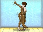 anthro biped brown_body brown_hair butt butt_expansion clothing digitigrade expansion female fingers gender_transformation glistening glistening_body green_eyes hair human_to_anthro latex latex_clothing latex_skinsuit membrane_(anatomy) mtf_transformation nipples nude skinsuit solo species_transformation standing suit_transformation suiting tail tight_clothing transformation unzipped webbed_hands zipper fox0808 mammal mustelid otter 2013 colored