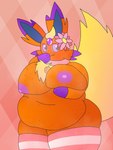 anthro bell bell_collar big_breasts breasts clothing collar eyewear female flower footwear freckled_breasts freckles fusion glasses huge_breasts musk overweight plant pokemon_fusion socks solo squish thick_thighs thigh_squish nanabsylve nintendo pokemon fan_character eeveelution espeon flareon generation_1_pokemon generation_2_pokemon pokemon_(species) hi_res trans_(lore) trans_woman_(lore)