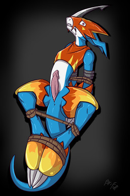 animal_genitalia anthro anus armor arms_tied bound clenched_teeth erection fully_bound genital_slit genitals glans hands_behind_back legs_tied looking_at_viewer lying male on_back penis scared simple_background solo submissive submissive_male teeth unconvincing_armor wide_eyed fuf bandai_namco digimon digimon_(species) flamedramon scalie 2:3 aliasing digital_media_(artwork) hi_res signature