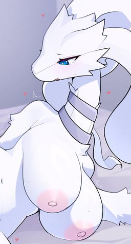 anthro areola big_breasts biped blue_eyes blush bodily_fluids bouncing_breasts breasts cute_fangs eyebrows fangs female fur huge_breasts mature_female navel nipples open_mouth pink_areola pink_nipples pokemorph pupils simple_background solo sweat sweaty_breasts teeth tongue white_body white_fur devil-vox nintendo pokemon generation_5_pokemon legendary_pokemon pokemon_(species) reshiram hi_res