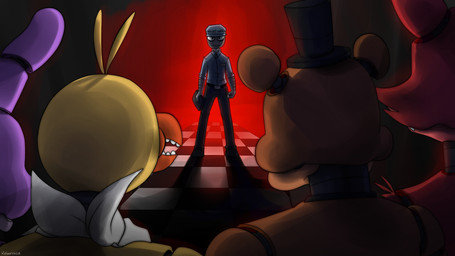 anthro checkered checkered_floor clothing dark female floor group hat headgear headwear machine male tablet tile tile_floor rebornica five_nights_at_freddy's scottgames bonnie_(fnaf) chica_(fnaf) foxy_(fnaf) freddy_(fnaf) mike_schmidt animatronic avian bear bird canid canine chicken fox galliform lagomorph leporid mammal phasianid rabbit robot 16:9 hi_res widescreen