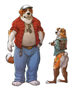 anthro backpack belt bodily_fluids bottomless bottomwear brown_body brown_fur butt clock clothed clothing cum cum_on_back cum_on_butt cum_on_face denim denim_bottomwear denim_clothing dog_tags duo eyewear female fur genital_fluids glasses half-closed_eyes hat headgear headwear jacket jeans key larger_male looking_back male messy multicolored_body multicolored_fur narrowed_eyes open_mouth pants raised_tail shirt simple_background size_difference slightly_chubby smaller_female smile tail topwear watch white_background white_body white_fur wristwatch zaush canid canine canis domestic_dog mammal molosser mountain_dog saint_bernard 2016 digital_media_(artwork)