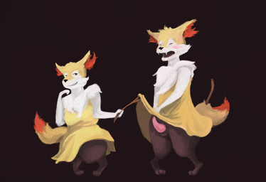 anthro assisted_exposure bottomwear clothing duo erection fur genitals male open_mouth penis simple_background skirt stick white_body white_fur yellow_body yellow_fur featherandfaun nintendo pokemon braixen canid canine generation_6_pokemon mammal pokemon_(species) absurd_res hi_res source_request