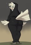 anthro beak big_butt biped butt clothed clothing exclamation_point feathers female green_eyes looking_at_viewer looking_back nun panty_lines pupils solo tail thick_thighs pb_doodles brooke_(simplifypm) avian bird 2024 hi_res