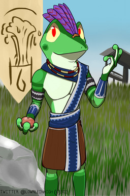 anthro bottomwear clothing countershade_face countershade_hands countershade_neck countershade_torso countershading food fruit grass green_body jewelry male necklace plant red_eyes rock sash skirt smile solo tapestry yellow_sclera lownleinhigh wralf_airrick_rockhold amphibian frog tree_frog 2022 hi_res signature