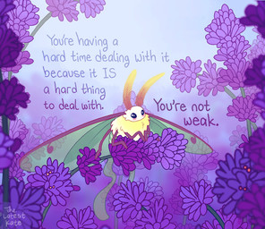 ambiguous_gender antennae_(anatomy) arthropod_abdomen black_eyes blush feral flower front_view green_wings insect_wings neck_tuft plant positive_message purple_flower simple_background solo text tuft wings yellow_body the_latest_kate arthropod insect lepidopteran moth colored digital_drawing_(artwork) digital_media_(artwork) english_text signature