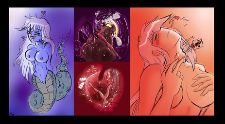 apode breasts duo female female_pred female_prey genitals heart_symbol legless macro neck_bulge nipples nude oral_vore serpentine size_difference soft_vore sound_effects split_form tongue uvula vore vulva willing_prey angel2012 crisis_(karbo) draconcopode human humanoid lamia mammal reptile scalie snake comic digital_media_(artwork) source_request
