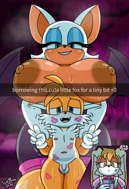 age_difference anthro areola balls big_areola big_breasts big_nipples biped breasts cellphone electronics female genitals group holding_cellphone holding_object holding_phone huge_breasts kiss_mark larger_female male male/female nipples older_female penis phone size_difference smaller_male text trio young younger_male surjang sega sonic_the_hedgehog_(series) miles_prower rouge_the_bat vanilla_the_rabbit bat canid canine fox mammal absurd_res english_text hi_res