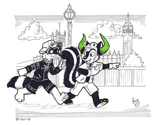 anthro big_ben blue_eyes bottomwear clothed clothing duo electronics fence glistening glistening_nose green_eyes happy hat headgear headwear heterochromia holding_object holding_phone jewelry logo male markings mouth_closed necklace open_clothing open_mouth open_smile open_topwear outside phone red_eyes shorts smile striped_markings striped_tail stripes tail tail_markings topwear young young_anthro young_male pandapaco mammal mephitid procyonid raccoon skunk artist_logo partially_colored signature