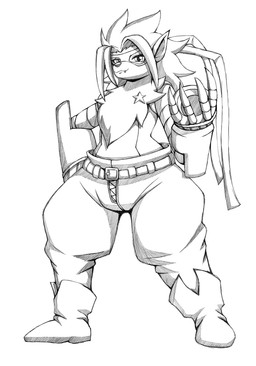 anthro belt bottomwear clothing cybernetic_arm cybernetic_limb female footwear fur hair mask mechanical_arm pants shoes snaggle_tooth solo star thick_thighs zipper zeroviks bandai_namco digimon digimon_beatbreak digimon_(species) wolvermon 2026 black_and_white digital_media_(artwork) hatching_(art) hi_res line_art monochrome shaded