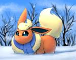 ambiguous_gender feral loaf outside scarf smile snow solo otakuap nintendo pokemon eeveelution flareon generation_1_pokemon pokemon_(species) 2020 digital_media_(artwork) hi_res