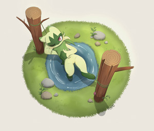anthro female fur genitals grass green_body green_fur innie_vulva log lying on_back one_eye_closed plant pond red_eyes solo vulva wood kjh_22 nintendo pokemon felid feline floragato generation_9_pokemon mammal pokemon_(species) absurd_res hi_res