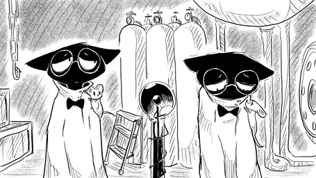 air_tank ambiguous_gender anthro bow_tie box chain clothing coat container duo eyewear glasses lab_coat looking_down pod sad sympathy tesla_coil topwear tube dragonweirdo gytras_(dragonweirdo) domestic_cat felid feline felis mammal mouse murid murine rodent hi_res
