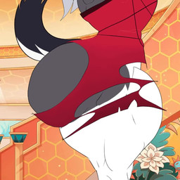 anthro big_butt black_body black_fur breasts butt butt_expansion clothing dress expansion female fur grey_body grey_fur growth huge_butt huge_thighs multicolored_body multicolored_fur muscle_growth muscular muscular_anthro muscular_female muscular_thighs red_clothing red_dress solo thick_thighs thigh_expansion torn_clothing white_body white_fur oleanderin hellaverse helluva_boss mythology loona_(helluva_boss) canid canid_demon canine demon hellhound mammal mythological_canine mythological_creature 1:1 animated no_sound short_playtime video