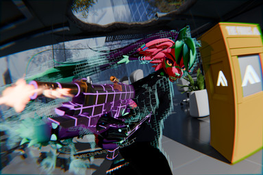 female fur green_hair gun hair looking_at_viewer piercing pink_body pink_fur ponytail ranged_weapon shooting solo weapon yellow_eyes the_finals felid feline mammal 3:2 3d_(artwork) absurd_res blender_(artwork) digital_media_(artwork) hi_res huge_filesize