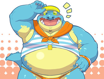 belly blue_body blush clothing fat_upper_pubic_area hat headgear headwear male one_eye_closed overweight overweight_male scar slightly_chubby solo speedo swimwear visor_cap whistle_(object) wink 12beat13 lifewonders tokyo_afterschool_summoners makara_(tas) crocodile crocodilian reptile scalie