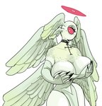 1_eye anthro big_breasts blush breasts claws cleavage clothed clothing cross female fur halo hand_on_breast holding_breast looking_at_viewer multi_wing partially_clothed red_eyes simple_background solo white_body white_fur wings plastikcherub horniel_(thouartphi) angel biblically_accurate_angel seraph_(angel) absurd_res hi_res