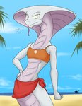 anthro apode beach clothing crop_top detailed_background female fingers flat_chested forked_tongue grey_eyes hand_on_hip legless long_tongue looking_at_viewer multicolored_body multicolored_scales outside pink_body pink_scales scales sea seaside serpentine shirt snake_hood solo standing text tongue tongue_out topwear two_tone_body two_tone_scales water white_body white_scales sandwich-anomaly x-com x-com:_chimera_squad agent_torque cobra draconcopode naga reptile scalie snake viper_(x-com) 2020 digital_media_(artwork) english_text hi_res