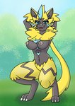 anthro blue_eyes breasts female forest fur leg_markings markings nipples plant solo tree yellow_body yellow_fur donfurro nintendo pokemon felid feline generation_7_pokemon legendary_pokemon mammal pokemon_(species) zeraora hi_res