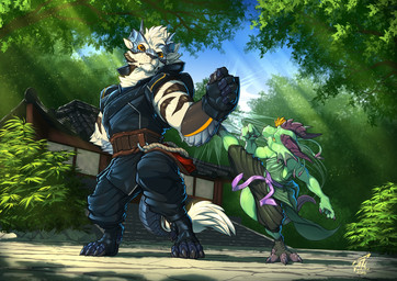anthro clothed clothing duo feet fur horn kick male martial_arts outside plant spread_legs spreading standing tail toes training tree wairu mythology wairu_(character) dragon felid hybrid kobold mammal mythological_creature mythological_scalie pantherine scalie tiger digital_media_(artwork) hi_res