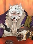 anthro beard beverage black_nose clothed clothing drunk elderly elderly_male eyebrows facial_hair fur grey_body grey_fur holding_beverage holding_object kemono solo substance_intoxication thick_eyebrows white_body white_eyebrows white_fur nao901 sdorica law_(sdorica) canid canine canis mammal wolf 2024 colored hi_res