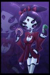 anthro big_eyes black_border blowup_background bodily_fluids border breasts clothed clothing eyelashes fangs female hair legwear looking_at_viewer money multi_arm multi_eye multi_limb necktie open_mouth ribbons simple_background smile solo stockings suit teeth topwear white_body warlocke undertale undertale_(series) muffet animal_humanoid arachnid arachnid_humanoid arthropod arthropod_humanoid humanoid spider spider_humanoid absurd_res digital_media_(artwork) hi_res