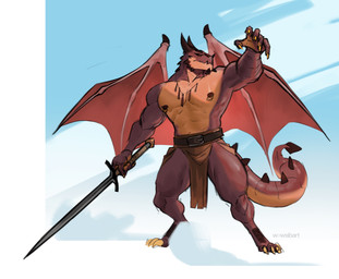 anthro black_sclera bottomwear clothed clothing loincloth male melee_weapon membrane_(anatomy) membranous_wings muscular muscular_anthro muscular_male nipple_piercing nipple_ring nipples pecs piercing ring_piercing solo sword tail topless weapon wings wowsibart mythology dragon humanoid mythological_creature mythological_scalie scalie absurd_res hi_res