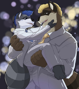 accessory age_difference anthro black_body black_fur blonde_hair blue_eyes blue_hair blue_necktie brown_body brown_eyes brown_fur carrying_another carrying_partner claws clothed clothed_male clothing duo eye_contact feet fur grey_body grey_clothing grey_fur grey_suit hair hand_on_another's_face hands_on_another's_face happy holding_another incest_marriage looking_at_another love male male/male necktie raccoon_tail size_difference smile standing suit tan_body tan_fur teeth white_body white_fur yellow_necktie pandottermon coby_(pandottermon) topa_(pandottermon) mammal procyonid raccoon 2026 colored brother_(lore) brothers_(lore) incest_(lore) sibling_(lore)